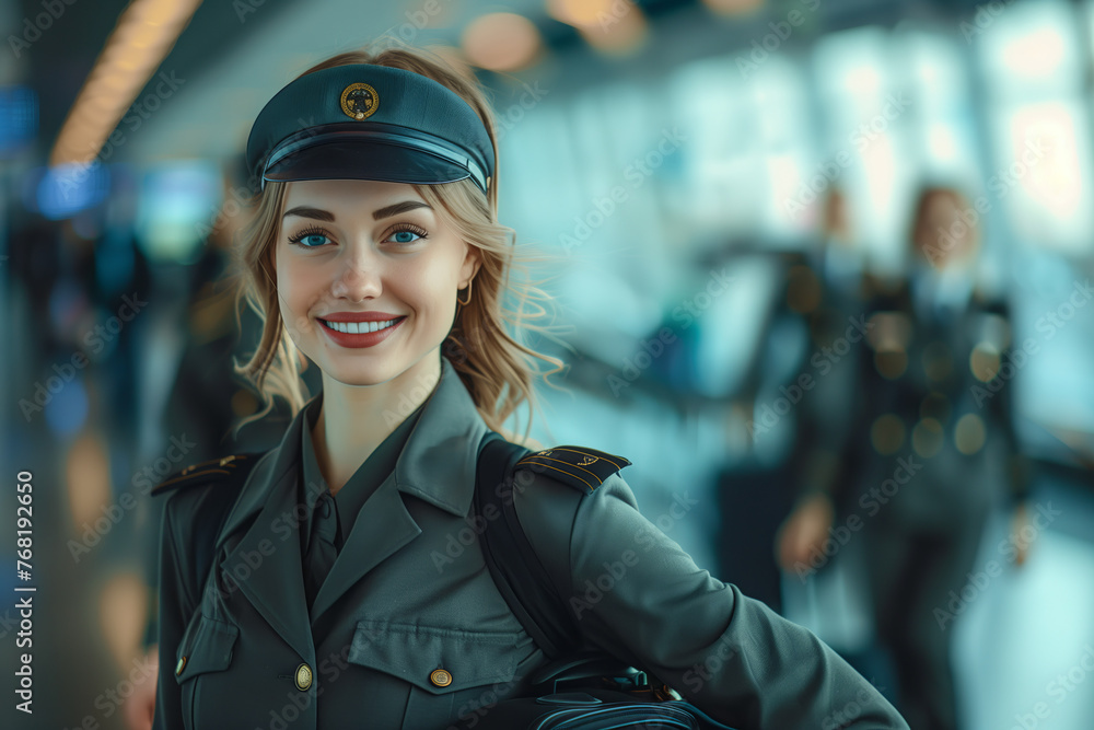 Group of Caucasian female stewardesses in uniform dragging suitcases in the airport. Group of Caucasian female stewardesses in uniform dragging suitcases in the airport.
