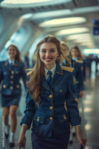 Group of Caucasian female stewardesses in uniform dragging suitcases in the airport.