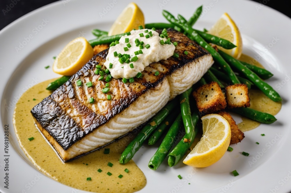 Pan-seared barramundi fish, cauliflower puree, green beans, lemon lime grenobloise sauce, rye croutons Pan-seared barramundi fish, cauliflower puree, green beans, lemon lime grenobloise sauce, rye croutons