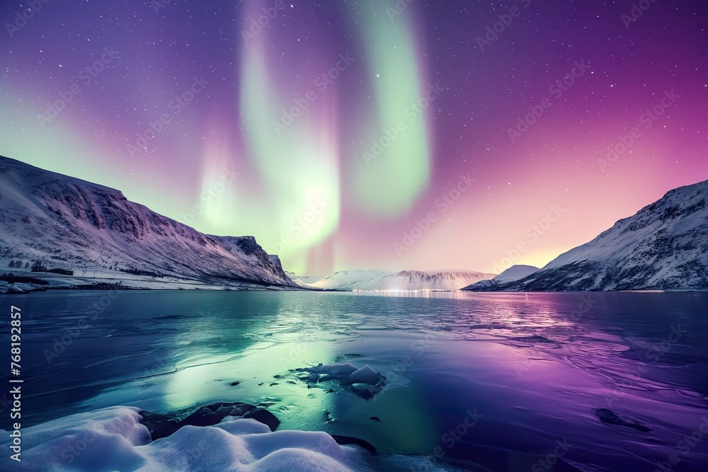 The aurora borealis, also known as the Northern Lights, is mirrored in the calm waters, creating a mesmerizing display of light.