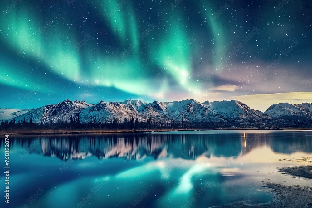 A lake with a mountain range under the aurora borealis lights in the night sky.