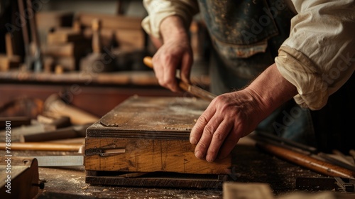 A man wearing a hat is skillfully crafting a piece of hardwood in his workshop, creating a beautiful art piece. AIG41