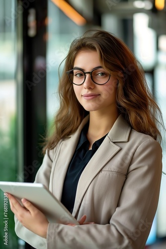 An attractive young businesswoman wearing glasses is holding a tablet.