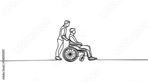 Man carries a disabled in a wheelchair continuous one line vector drawing. Caregiver carry Wheelchair with a man. People medical Long Term Care Concept. Minimalistic Vector Illustration.