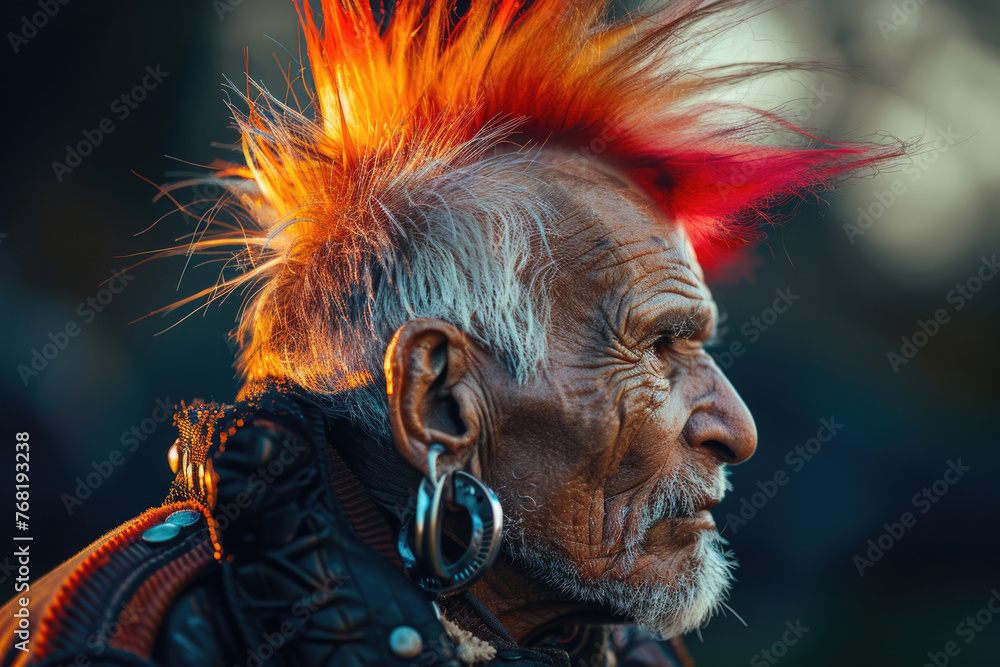 Senior old man with punk colored mohawk