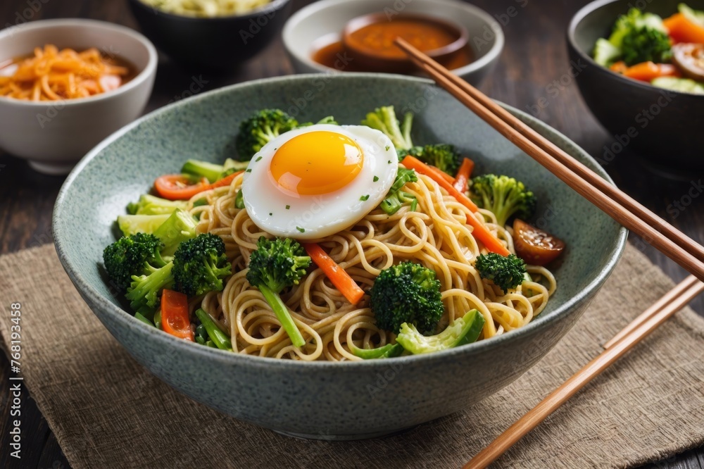 Egg and Vegetable Noodles in bowl with chopsticks Egg and Vegetable Noodles in bowl with chopsticks