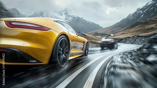 Rear view of yellow Business car on high speed in turn. yellow car rushing along a high-speed background blur effect. © Divine123victory