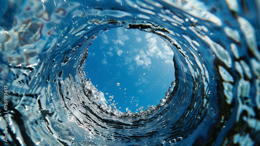 
buraco na água com câmera de ação, vista do céu azul - obrazy, fototapety, plakaty 