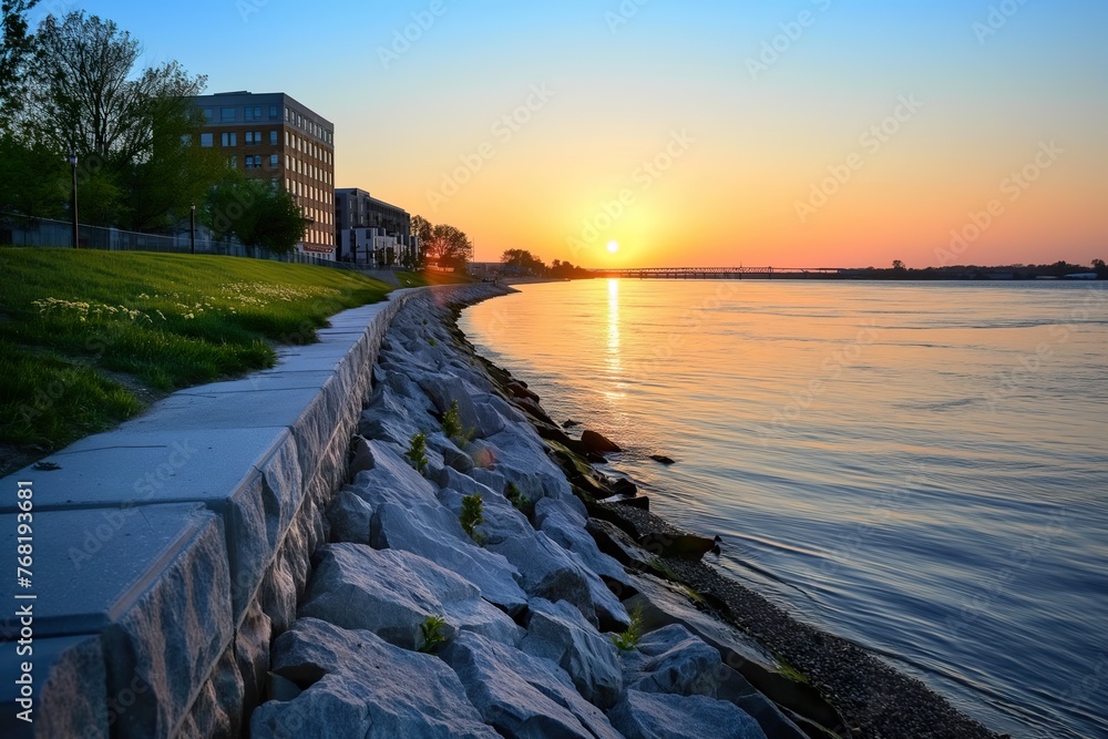 The sun is setting, casting a warm glow over the calm body of water in Burlington, Iowa.