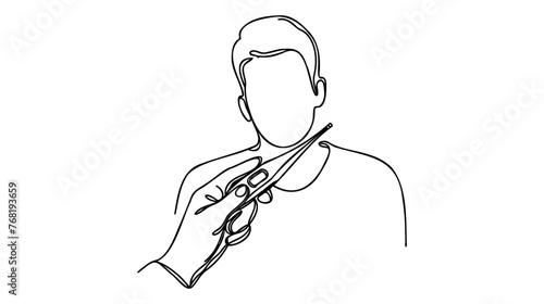 Single one line drawing man headache have a fever, flu and check thermometer measure body temperature. Sick people concept. Continuous line draw design graphic vector illustration.