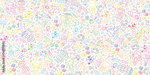 Kindergarten doodles on a white background. Hand-drawn design. Back to school concept