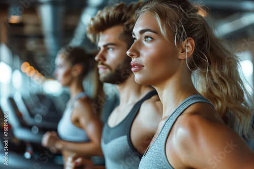 Caucasian man and woman in exercise clothes running on treadmills in gym.