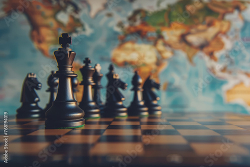 Chessboard with chess pieces located on world map, Concept of global tactics and geopolitics