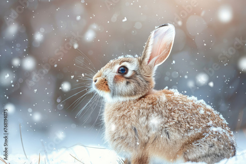 Brown fluffy hare on a snowy winter day