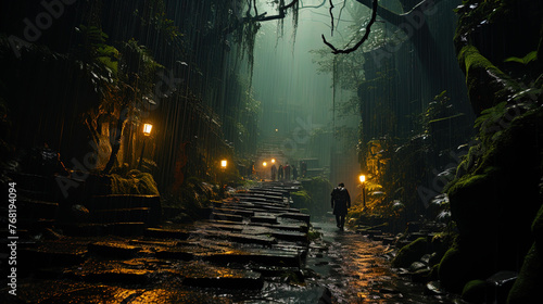 Mystical jungle with foggy paths and hidden dangers, like a test for researche
