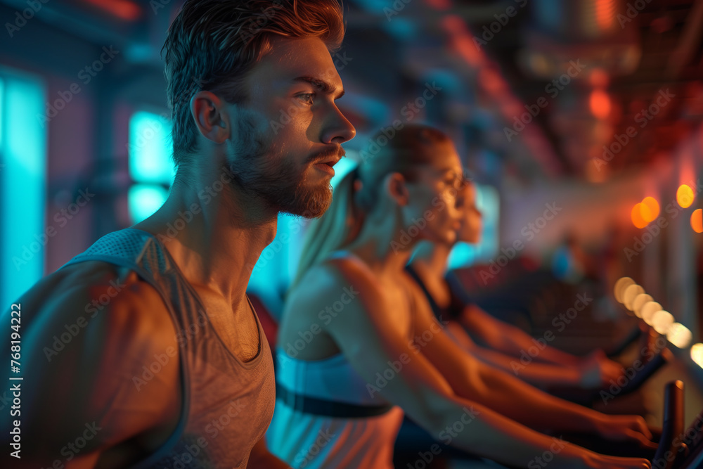 Caucasian man and woman in exercise clothes running on treadmills in gym.