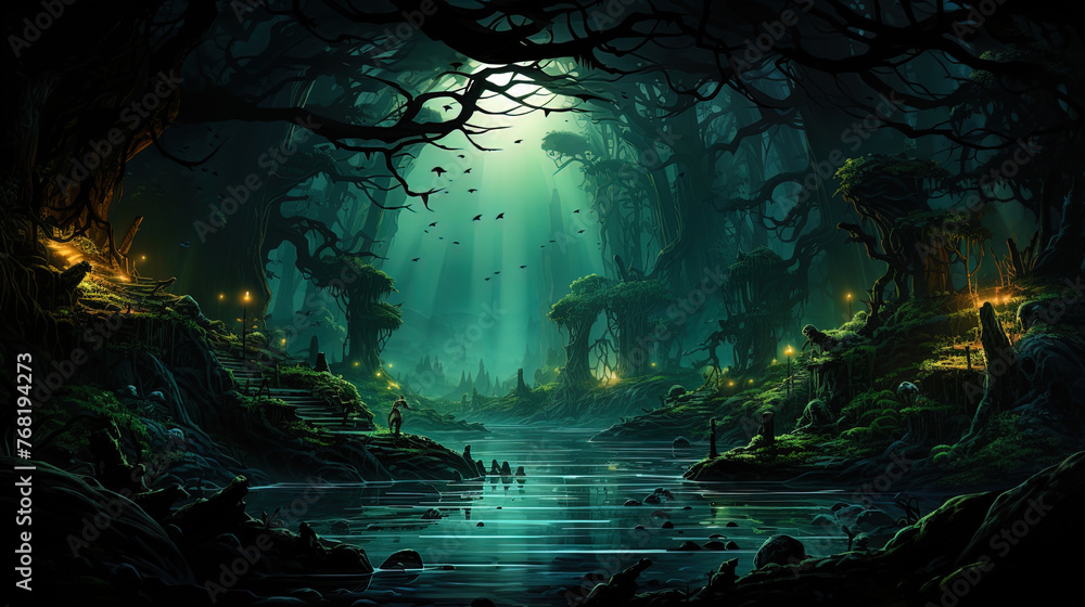 Shadowed jungle with mysterious twilight and the game of light and shadow, like a magical theate