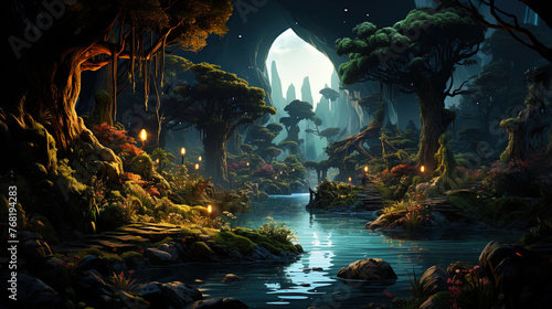 Shadowed jungle with mysterious twilight and the game of light and shadow, like a magical theater