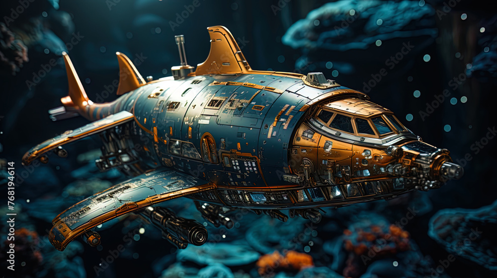 Naklejka premium The cosmic submarine exploring the dark depths of the universe, like a shark in the cosmos