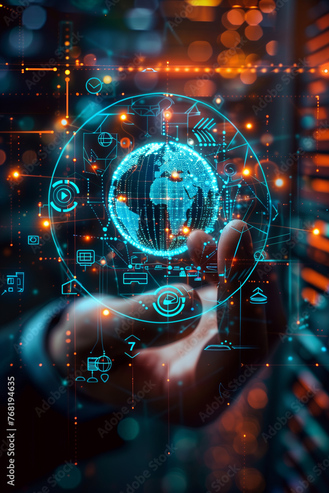 custom made wallpaper toronto digitalSelective focus of A businessman is holding a hologram showing a digital globe consisting of technology and social icons.