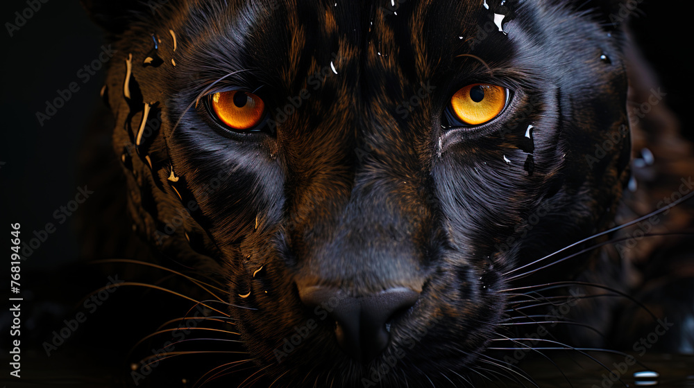 The dark, mysterious eyes of the panther, like two threatening gloss in the darkn