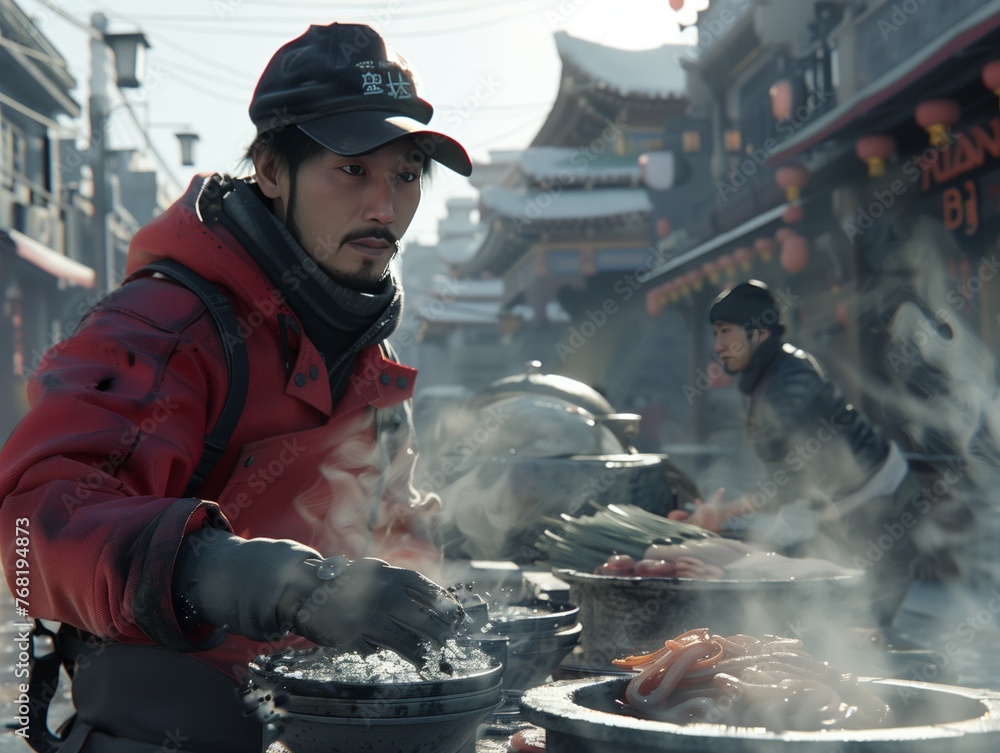 A man in a red jacket is cooking food in front of a building. The man is wearing a black hat and a black jacket. The scene is set in a foreign country