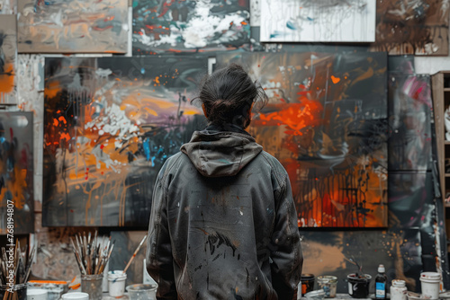 artist paints a picture with paints on an easel
