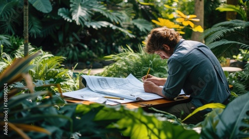 An overhead view of a landscape architect analyzing garden design plans amidst a lush green setting. AIG41 © Summit Art Creations