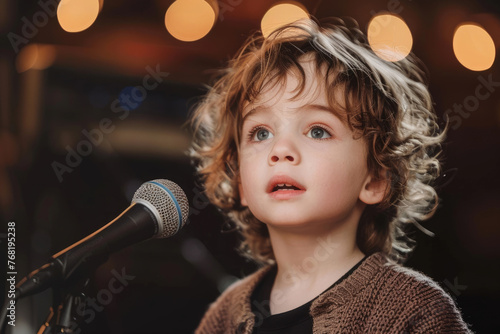 Little gifted child sings a song on stage in a talent show