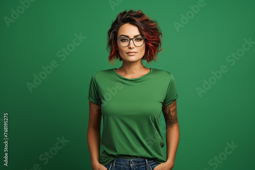 Beautiful attractive smiling woman wearing a green t-shirt on a green background, she is wearing glasses, look in camera, portrait shot, studio background
