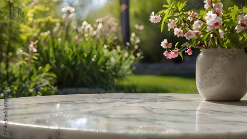 Spring beautiful background with green lush young foliage and flowering branches with an empty marble table on nature outdoors in sunlight in garden.