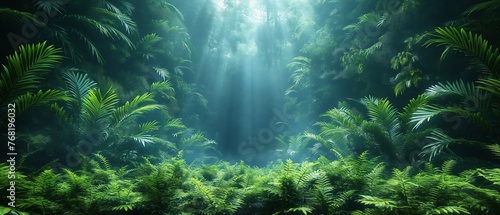 green tropical forest jungle  with sun rays 