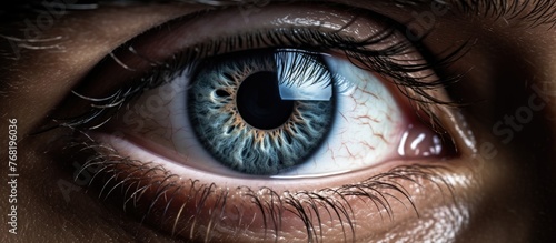 A detailed close-up of a human eye, showcasing vibrant shades of blue and intricate details of the iris and pupil. The eye is framed by eyelashes and skin, creating a striking visual focus.