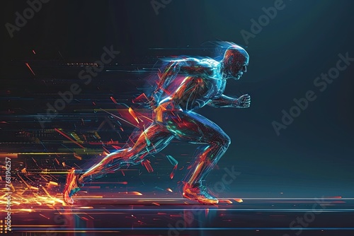 Hologram, athlete and running for wellness, exercise for healthy lifestyle and track heart rate.