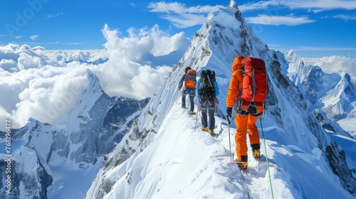 Three climbers on a snowy mountain peak, cliff