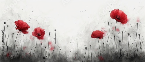 illustration poppy field, red black color