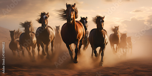 Cavalos de rebanho galopando correndo em terreno empoeirado  photo