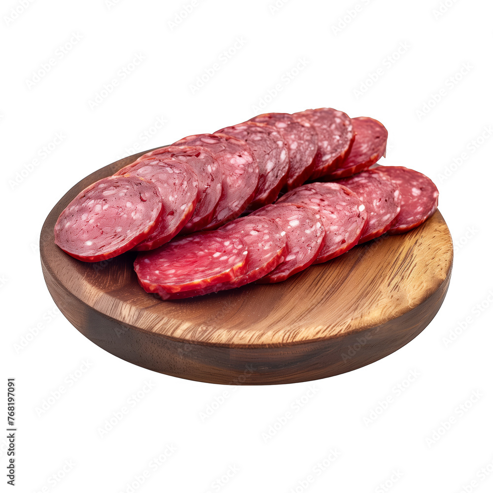 A plate of sliced meat salami on a wooden board. A plate of sliced meat salami on a wooden board.