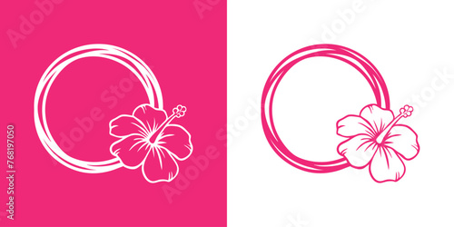 Logo vacaciones en Hawái. Marco circular con líneas con silueta de flor de hibisco