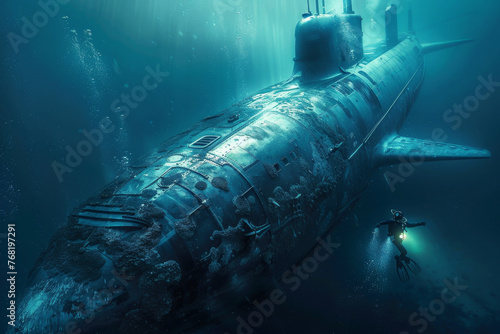A submarine is seen in the water with a man in a diving suit