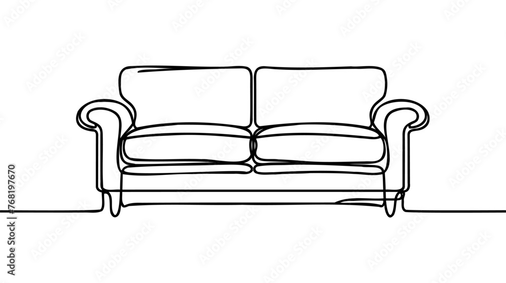 Continuous line drawing of front view the sofa. Modern sofa isolated on a white background. Continuous line drawing of front view the sofa. Modern sofa isolated on a white background.