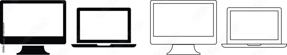 Desktop computer, laptop, device icons set with blank screen isolated on transparent background for new product, promotion, advertising black vector collection for website and app Desktop computer, laptop, device icons set with blank screen isolated on transparent background for new product, promotion, advertising black vector collection for website and app