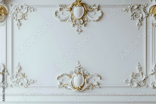 Elegant and Sophisticated White Panel with Ornate Gold and White Moldings. Concept Elegant Decor, Sophisticated Design, White Paneling, Ornate Gold Accents, Classic Interior