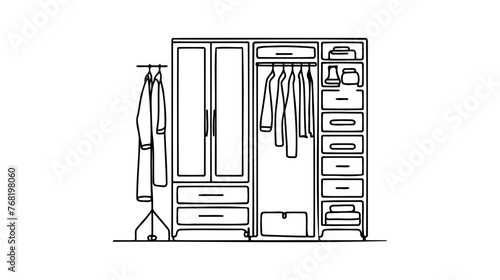 Wardrobe in continuous line art drawing style. Classical style free-standing closet for storing clothes minimalist black linear sketch isolated on white background. Vector illustration.