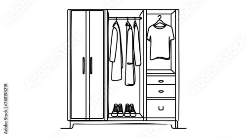 Wardrobe in continuous line art drawing style. Classical style free-standing closet for storing clothes minimalist black linear sketch isolated on white background. Vector illustration.