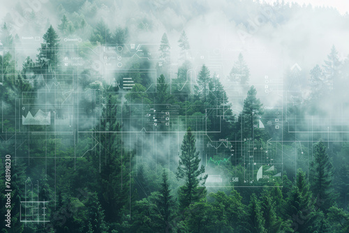A forest with a foggy sky and a computer screen with a forest on it