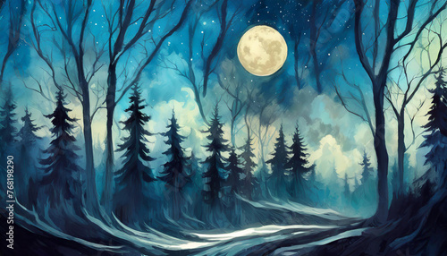 Oil painting of spooky forest with full moon and blue sky. Wild nature. Dark night. Hand drawn art. © hardvicore
