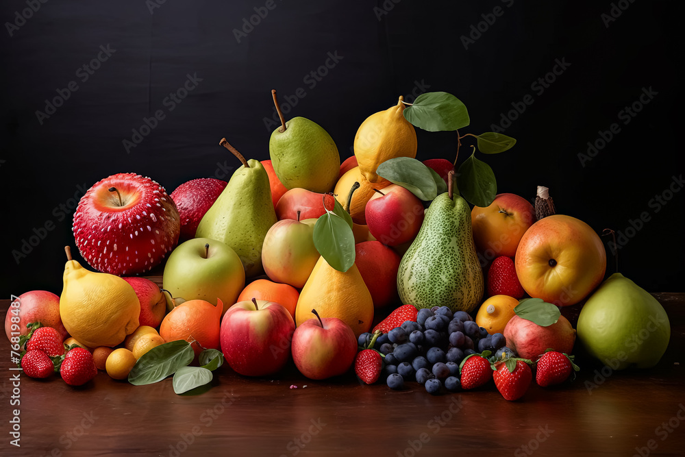 A table full of fruit including apples, pears, and strawberries A table full of fruit including apples, pears, and strawberries