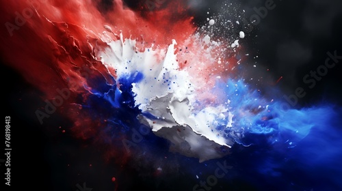 Vibrant tricolor French flag bursting with black background