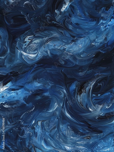 A painting featuring swirling patterns in shades of blue and white against a black background